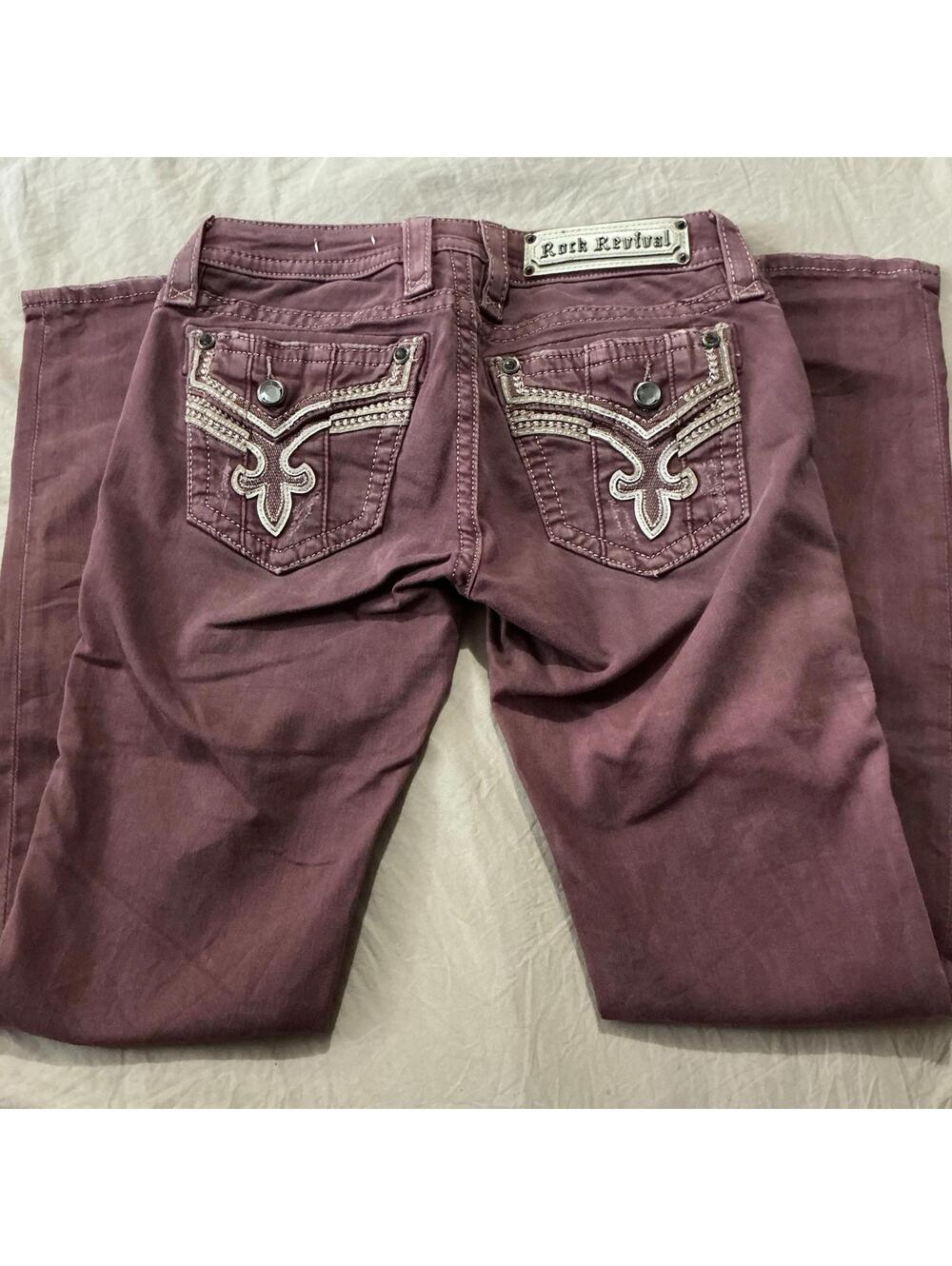Y2K Rock Revival Women’s Maroon Red Cadee Skinny Embroidered Jeans Sz 26 Grunge